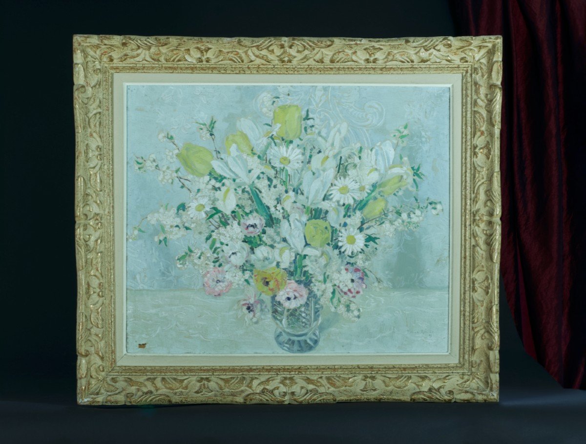 Hélène Rivière Tableau Ancien Grand Bouquet De Fleurs Art Déco Nature Morte Vase -photo-7