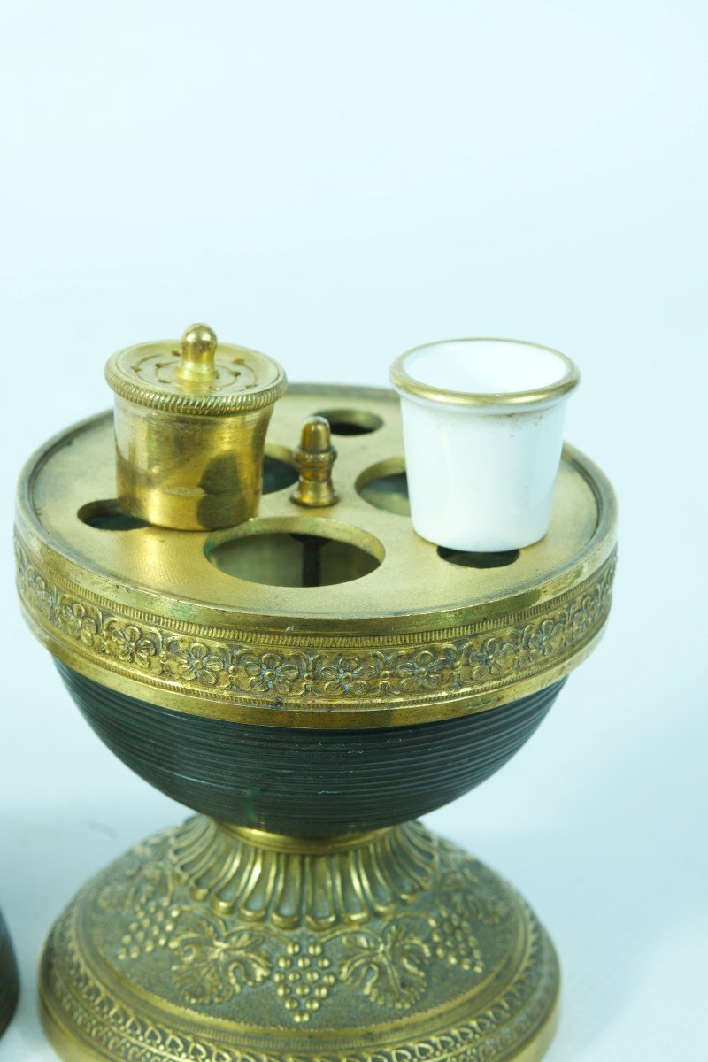 Old Empire Gilt Bronze Inkwell Feather Travel Bell Rare 19th Rose Lacquered-photo-4
