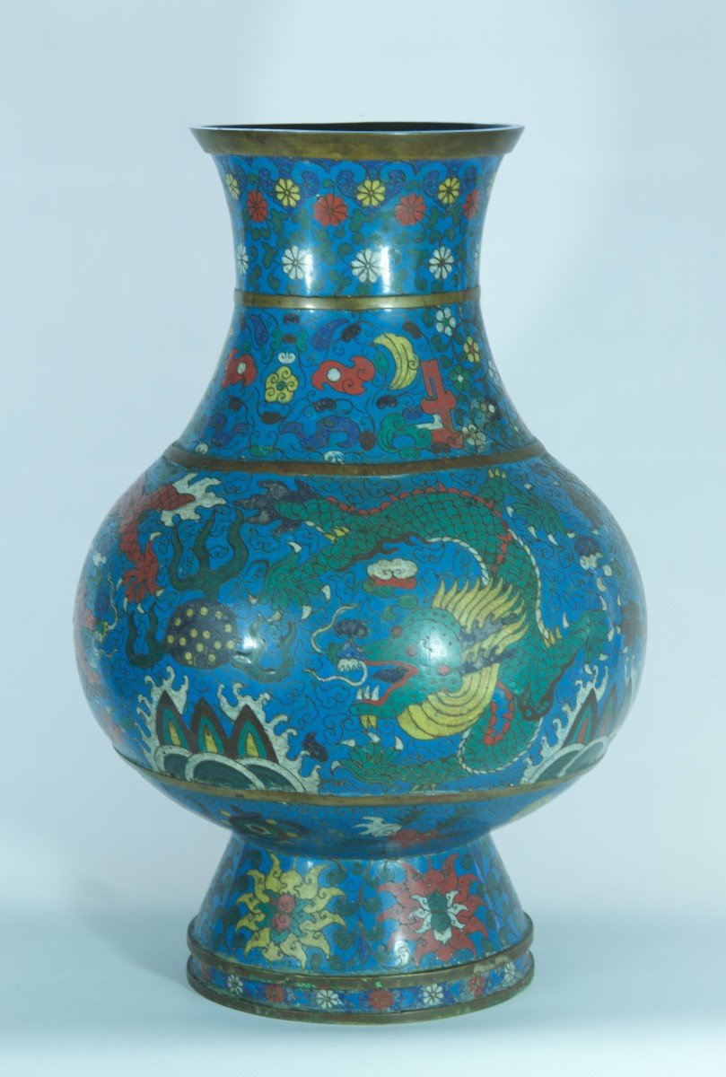Ancien Grand Vase Hu Ming émail Chinois Dragons Perles Lotus Cloisonné Rare-photo-3