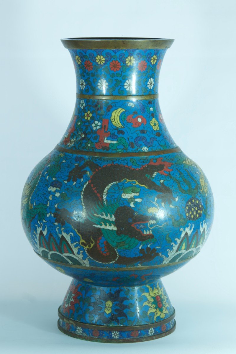Ancien Grand Vase Hu Ming émail Chinois Dragons Perles Lotus Cloisonné Rare-photo-4