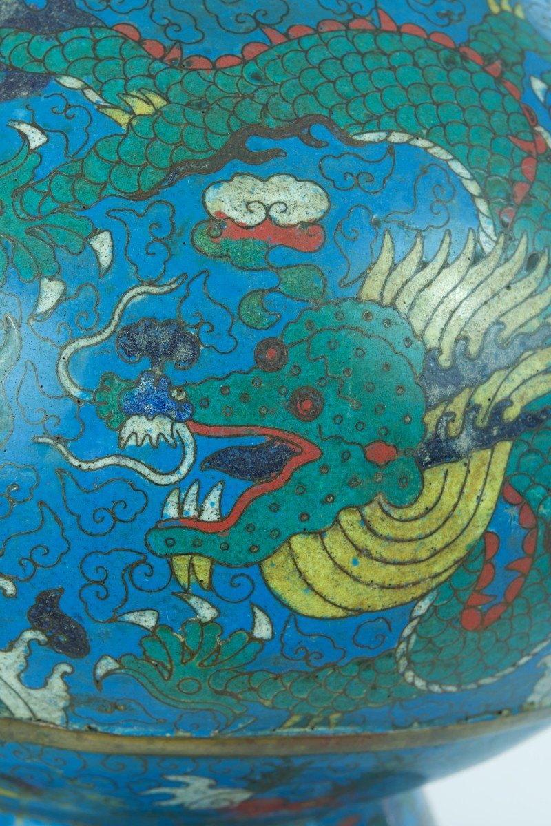 Ancien Grand Vase Hu Ming émail Chinois Dragons Perles Lotus Cloisonné Rare-photo-1