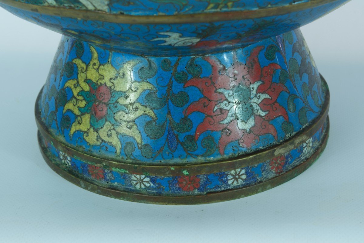 Ancien Grand Vase Hu Ming émail Chinois Dragons Perles Lotus Cloisonné Rare-photo-2