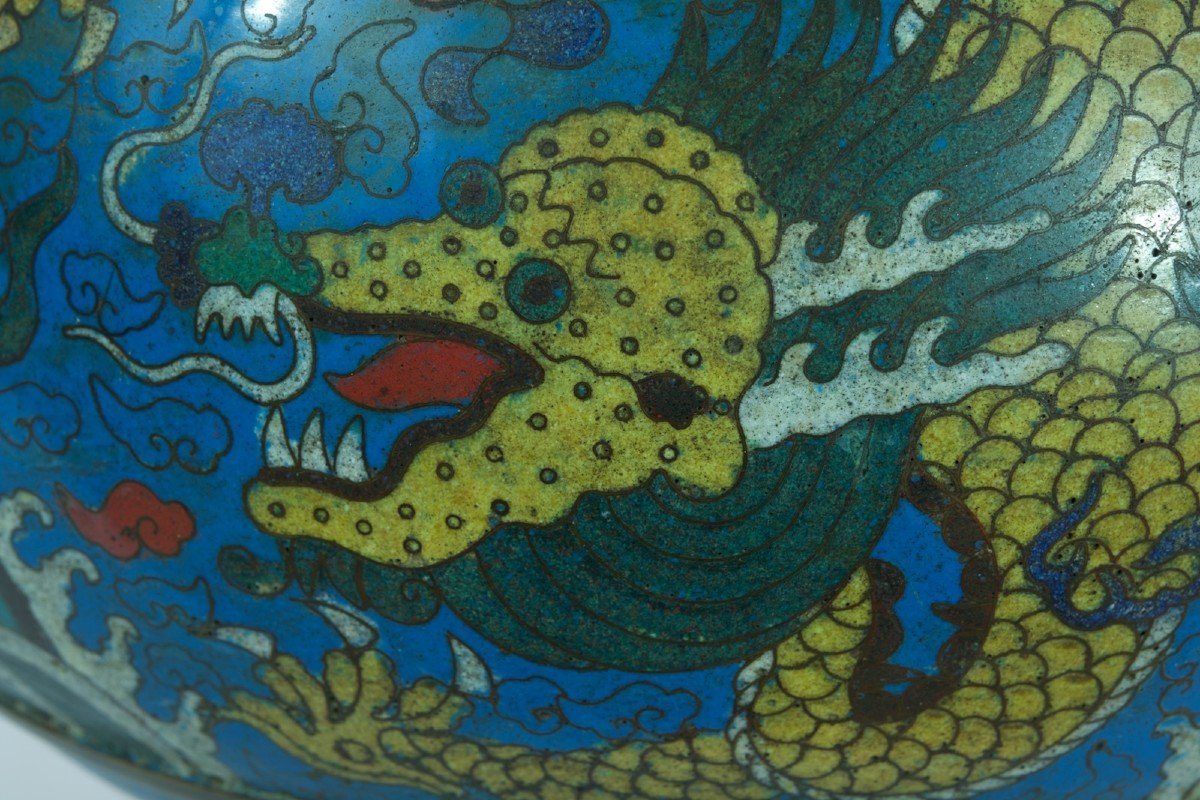 Ancien Grand Vase Hu Ming émail Chinois Dragons Perles Lotus Cloisonné Rare-photo-5