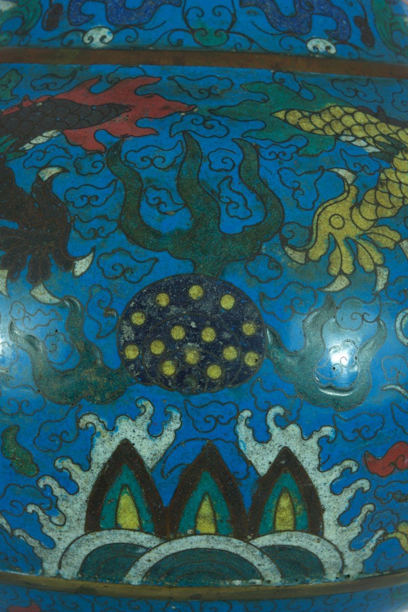 Ancien Grand Vase Hu Ming émail Chinois Dragons Perles Lotus Cloisonné Rare-photo-6