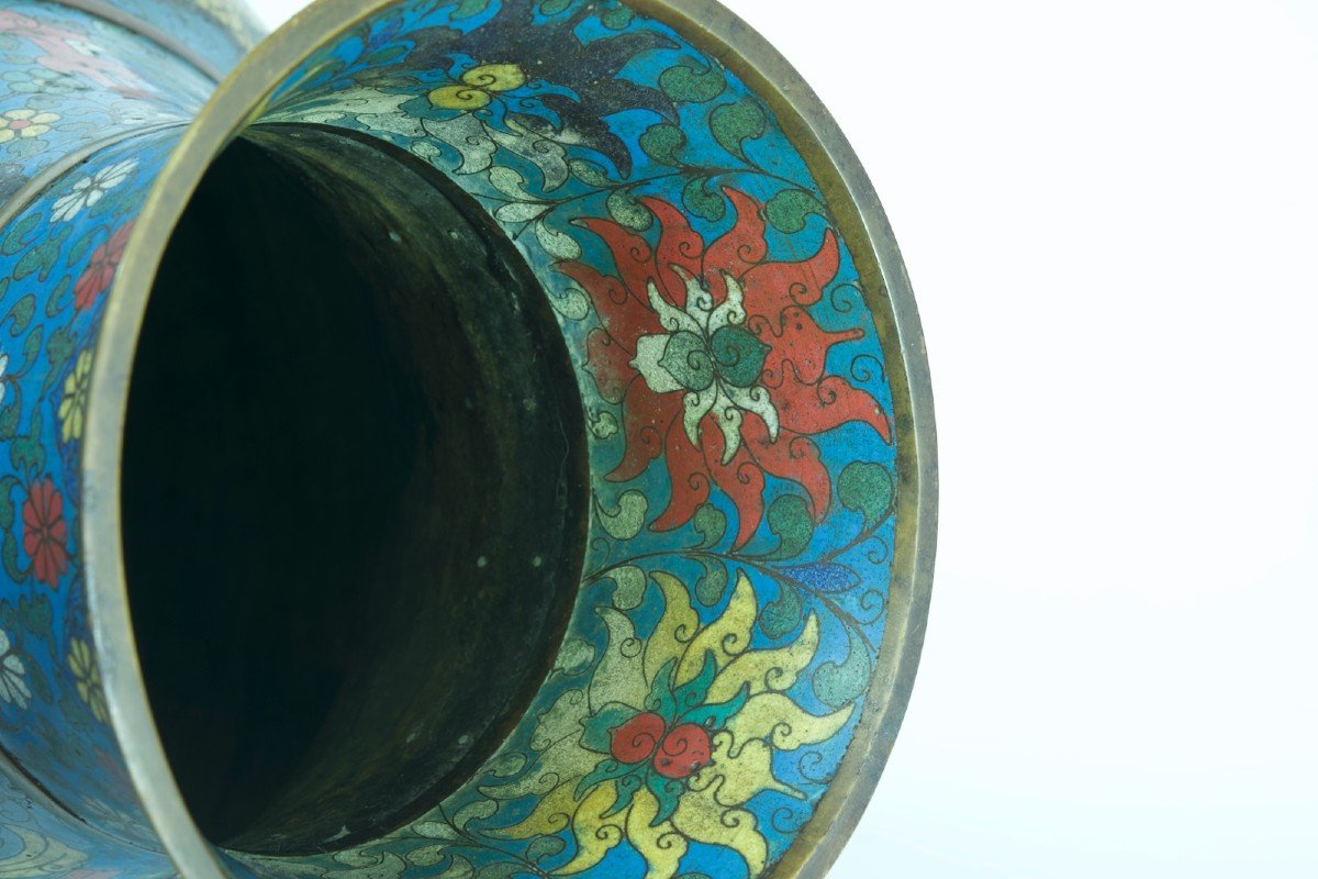 Ancien Grand Vase Hu Ming émail Chinois Dragons Perles Lotus Cloisonné Rare-photo-8