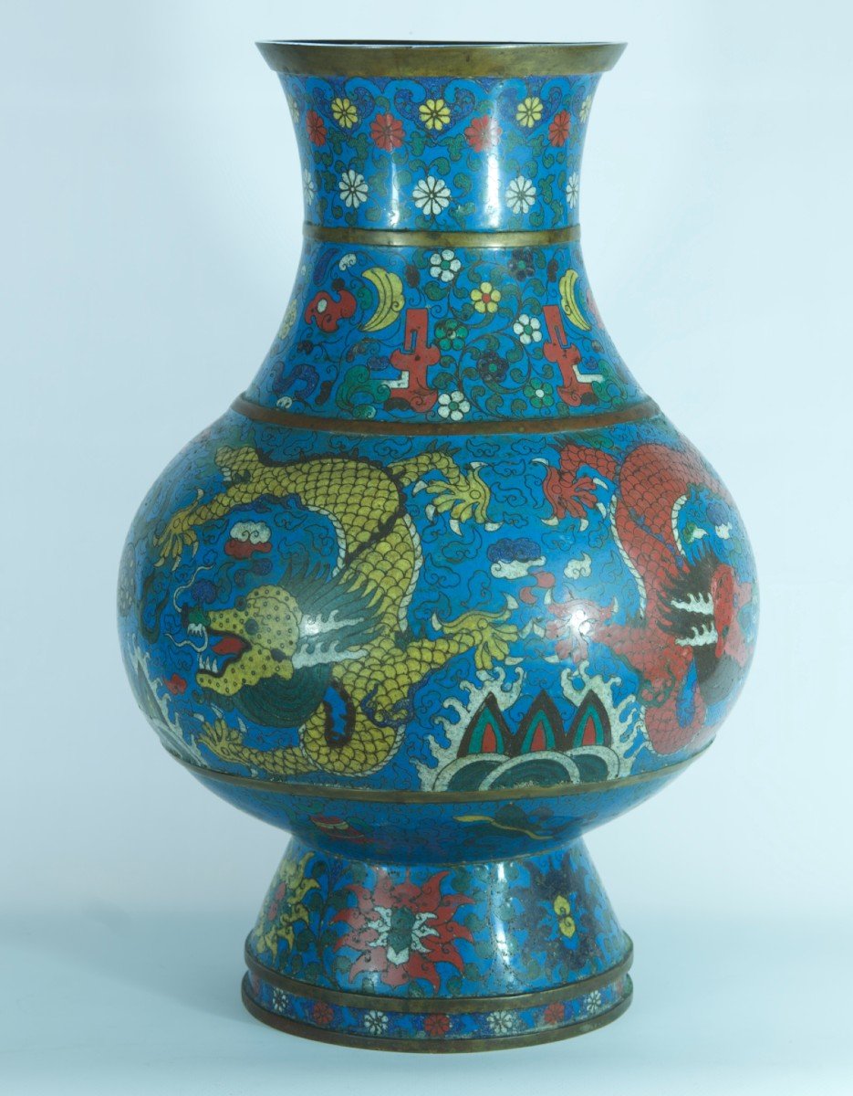 Ancien Grand Vase Hu Ming émail Chinois Dragons Perles Lotus Cloisonné Rare