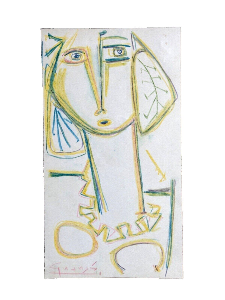 Antonio Guansé Tableau Ancien  Portrait Jeune Femme Art Moderne Cubiste 1950 Espagne