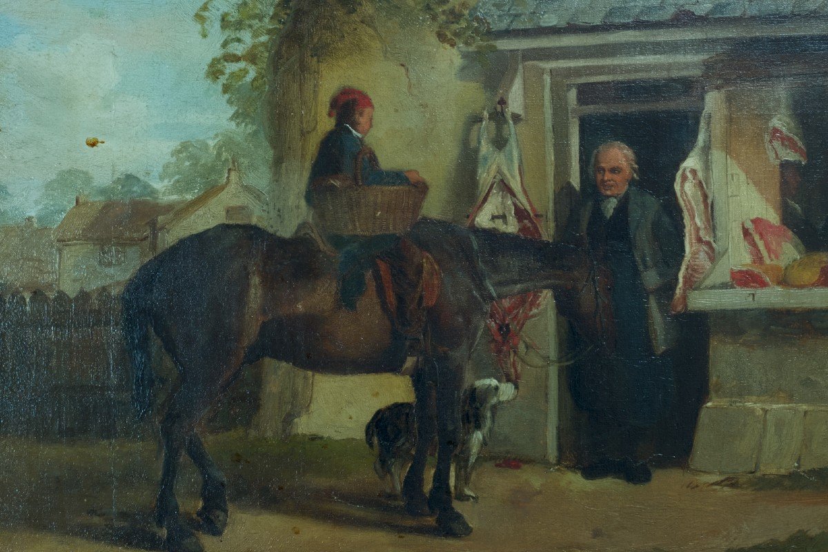 Old Painting Landscape Child Horse Stall Norman Butcher Vernet Adam Calves 19th-photo-2