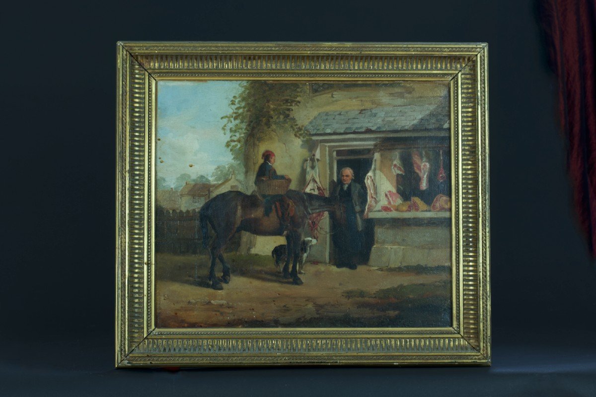Old Painting Landscape Child Horse Stall Norman Butcher Vernet Adam Calves 19th-photo-3