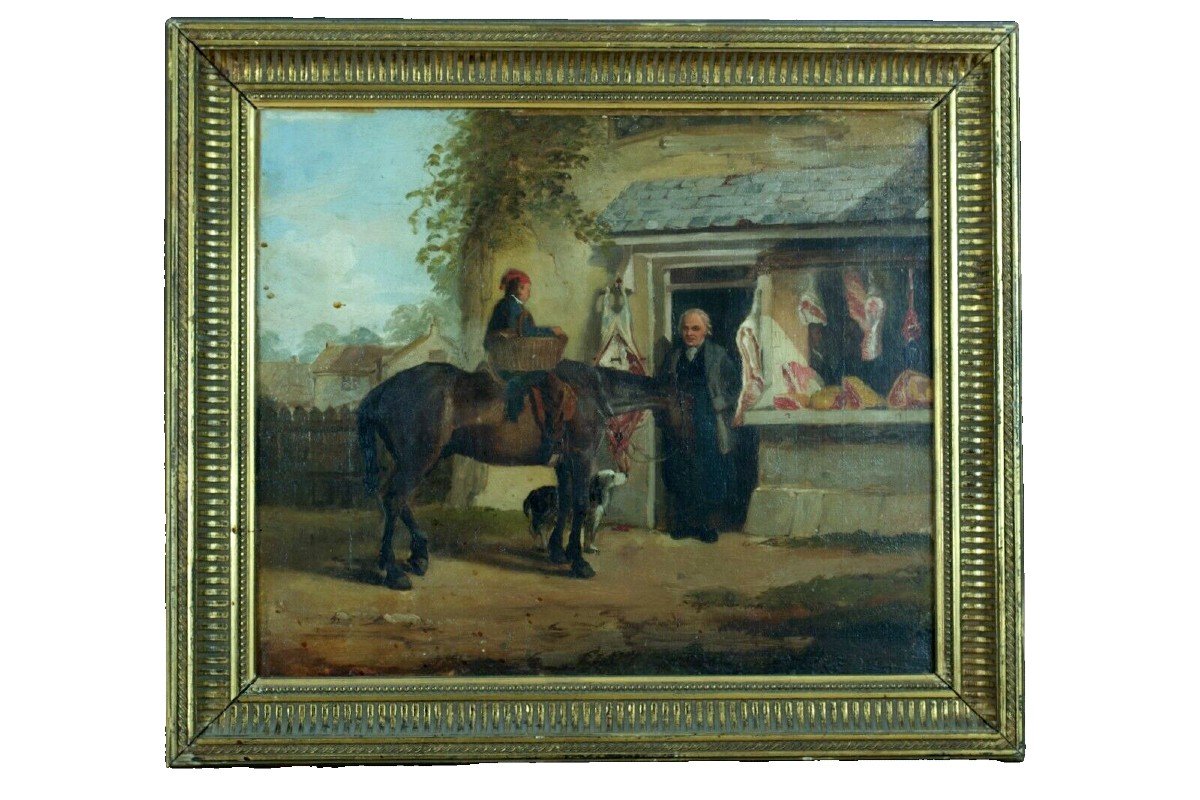 Old Painting Landscape Child Horse Stall Norman Butcher Vernet Adam Calves 19th