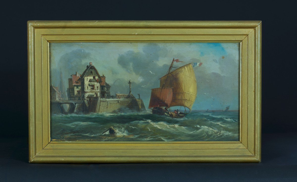 Kuwasseg  Tableau Ancien Marine Animé Signé Bateau Port Normand Honfleur La Lieutenance 19 ème-photo-7
