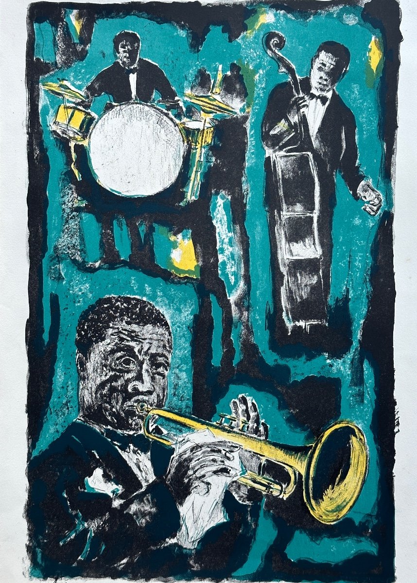 Tony Agostini  Ancienne Lithographie Musique Trio Jazz 1960 Louis Armstong-photo-3