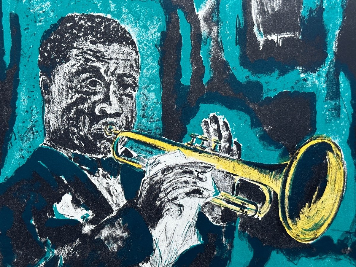 Tony Agostini  Ancienne Lithographie Musique Trio Jazz 1960 Louis Armstong