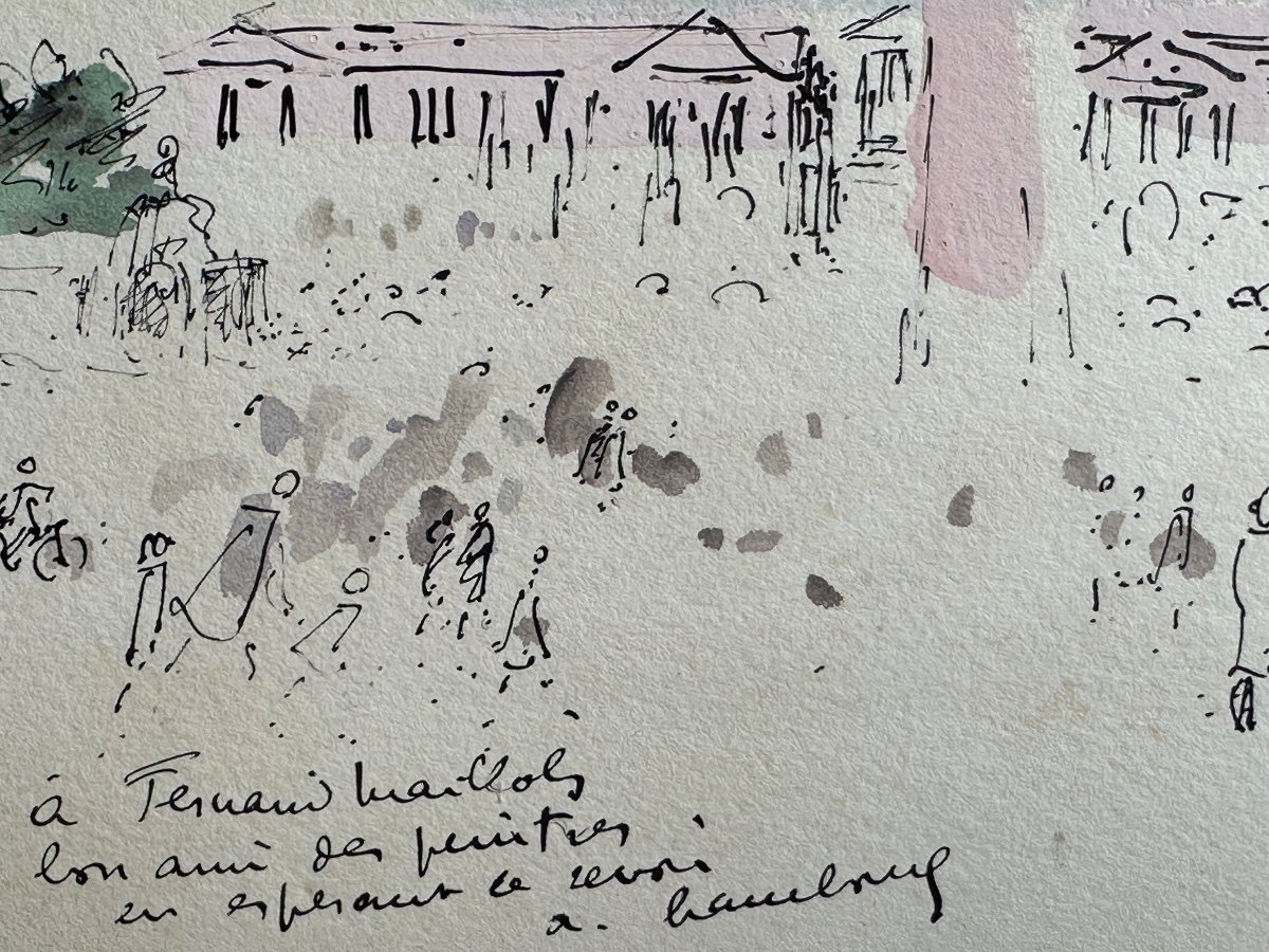 André Hambourg  Ancien Dessin Place De La Concorde Animée Paris Envoi Plume Aquarelle-photo-3