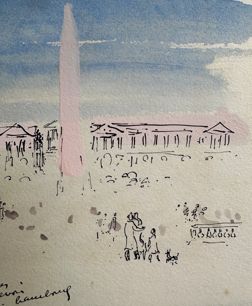 André Hambourg  Ancien Dessin Place De La Concorde Animée Paris Envoi Plume Aquarelle