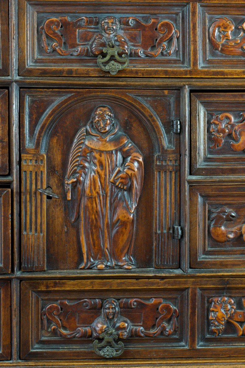 Ancien Meuble Cabinet De Voyage Renaissance Mémento Mori Italie Bois Sculpté-photo-1