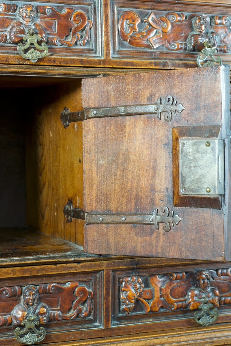 Ancien Meuble Cabinet De Voyage Renaissance Mémento Mori Italie Bois Sculpté-photo-2