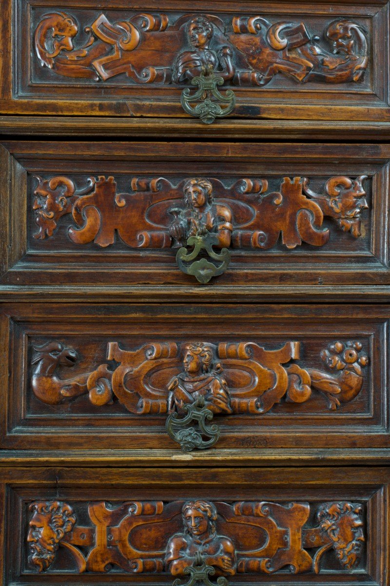 Ancien Meuble Cabinet De Voyage Renaissance Mémento Mori Italie Bois Sculpté-photo-3