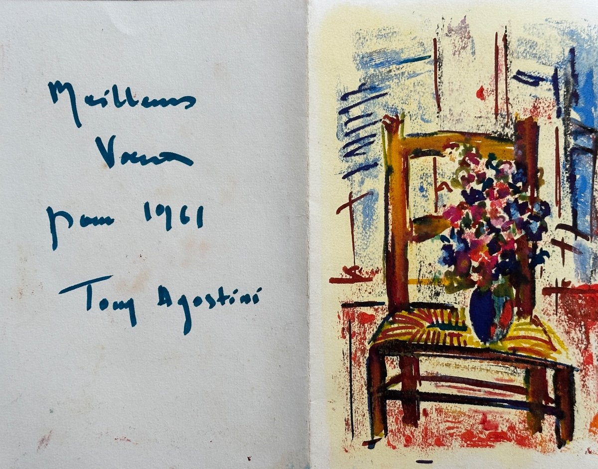  Tony Agostini Beautiful Modern Painting Bouquet Of Flowers Straw Chair Warmer Greetings 1961-photo-2