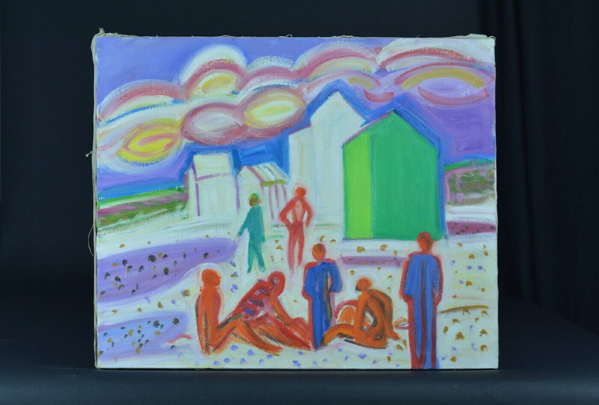  Bonin Pissarro  Beau Tableau Moderne Mer Cabines De Plage Animées  Hst-photo-3