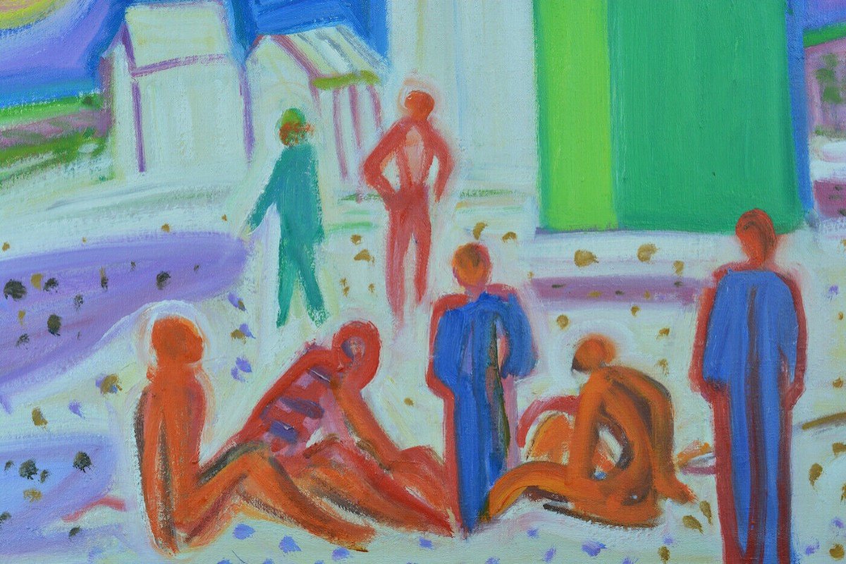  Bonin Pissarro  Beau Tableau Moderne Mer Cabines De Plage Animées  Hst-photo-4