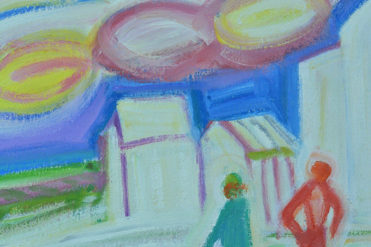  Bonin Pissarro  Beau Tableau Moderne Mer Cabines De Plage Animées  Hst-photo-1