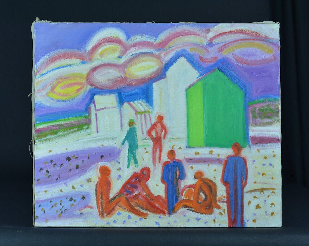  Bonin Pissarro  Beau Tableau Moderne Mer Cabines De Plage Animées  Hst-photo-5
