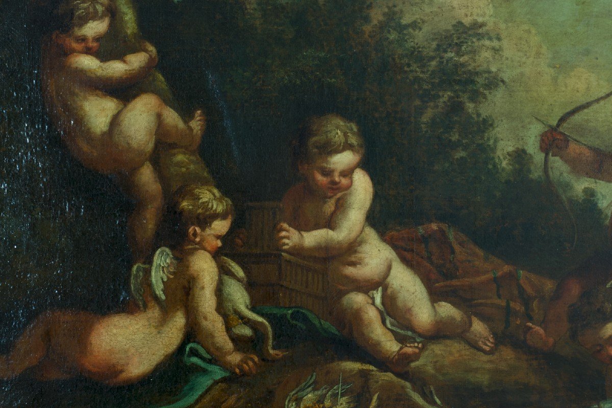 Beau Tableau Ancien François Boucher Amour Angelot Cupidon Jouant  Paysage portrait 18e-photo-2