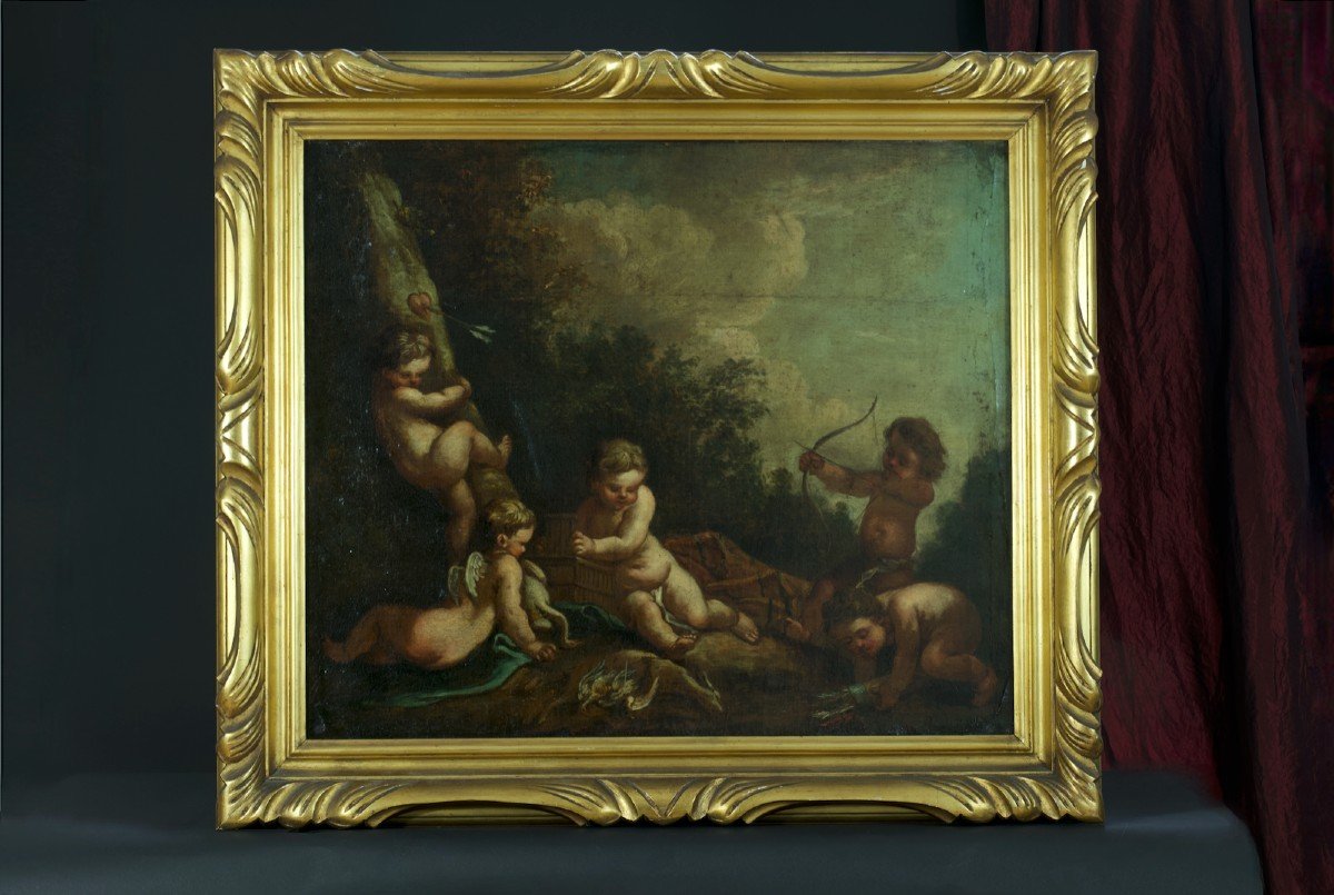 Beau Tableau Ancien François Boucher Amour Angelot Cupidon Jouant  Paysage portrait 18e-photo-1