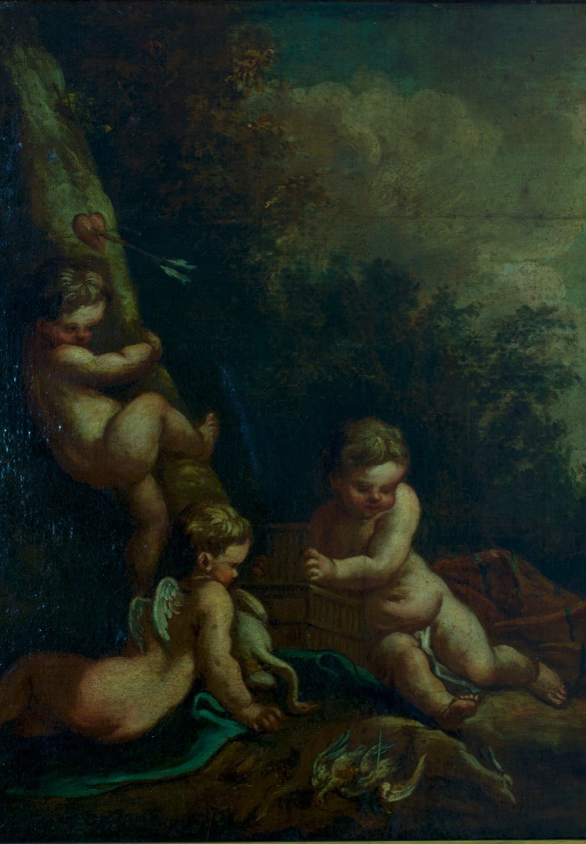 Beau Tableau Ancien François Boucher Amour Angelot Cupidon Jouant  Paysage portrait 18e-photo-4