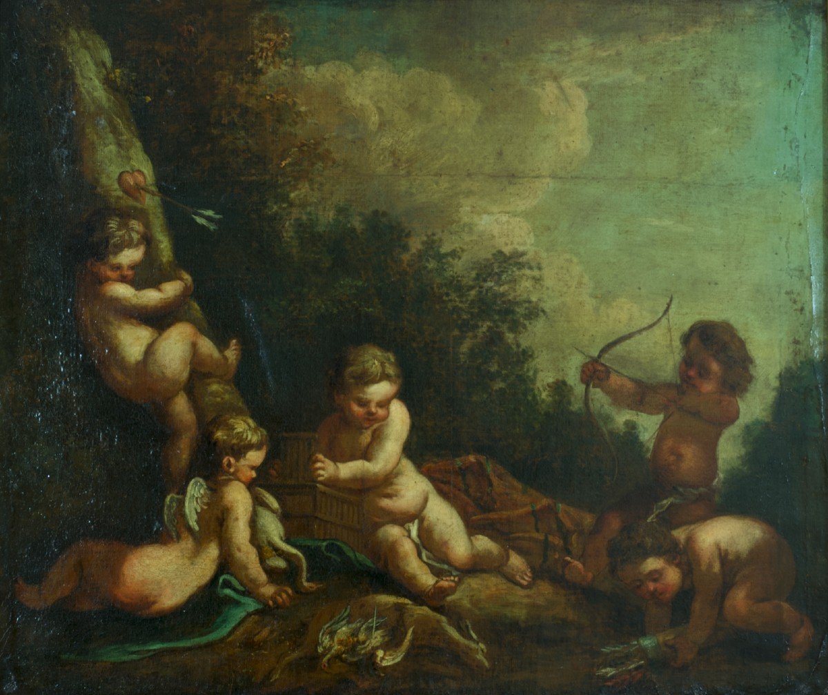 Beau Tableau Ancien François Boucher Amour Angelot Cupidon Jouant  Paysage portrait 18e
