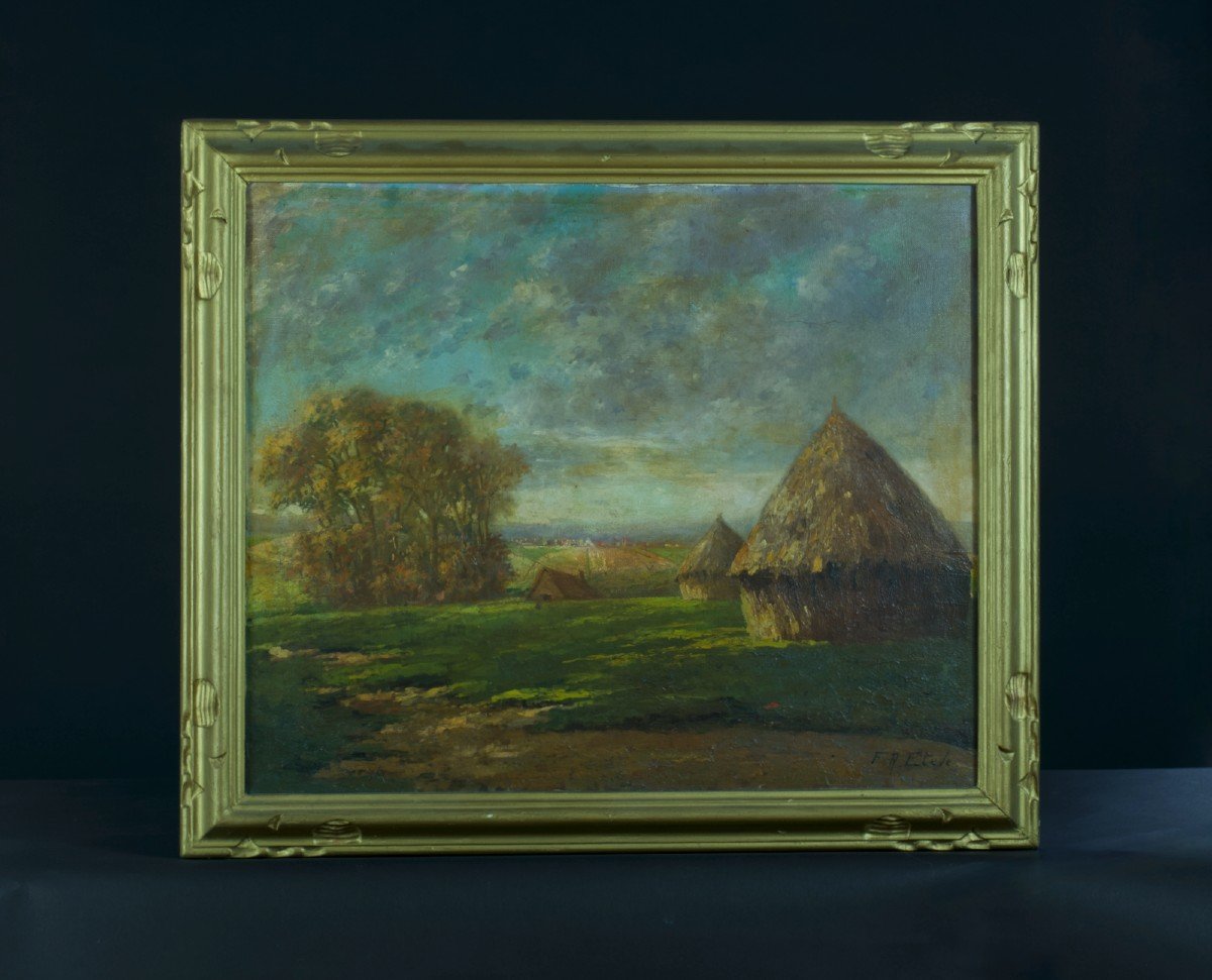 Félix Raoul Eteve Old Painting Landscape With Haystacks Haymaking Sky Hst Art Deco Frame -photo-2