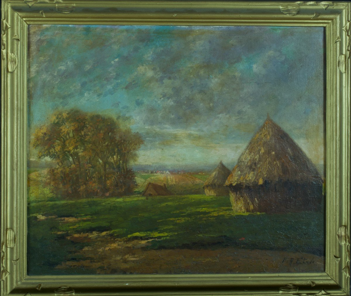 Félix Raoul Eteve Old Painting Landscape With Haystacks Haymaking Sky Hst Art Deco Frame -photo-3
