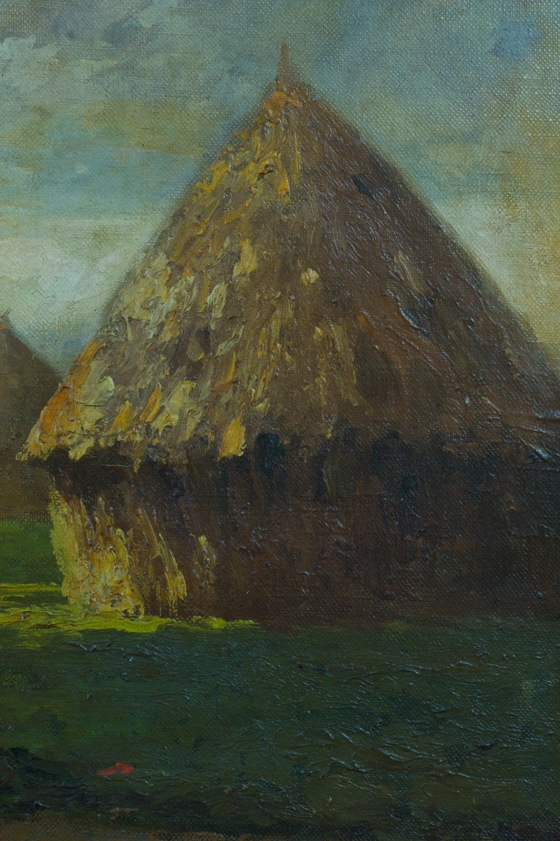 Félix Raoul Eteve Old Painting Landscape With Haystacks Haymaking Sky Hst Art Deco Frame -photo-2