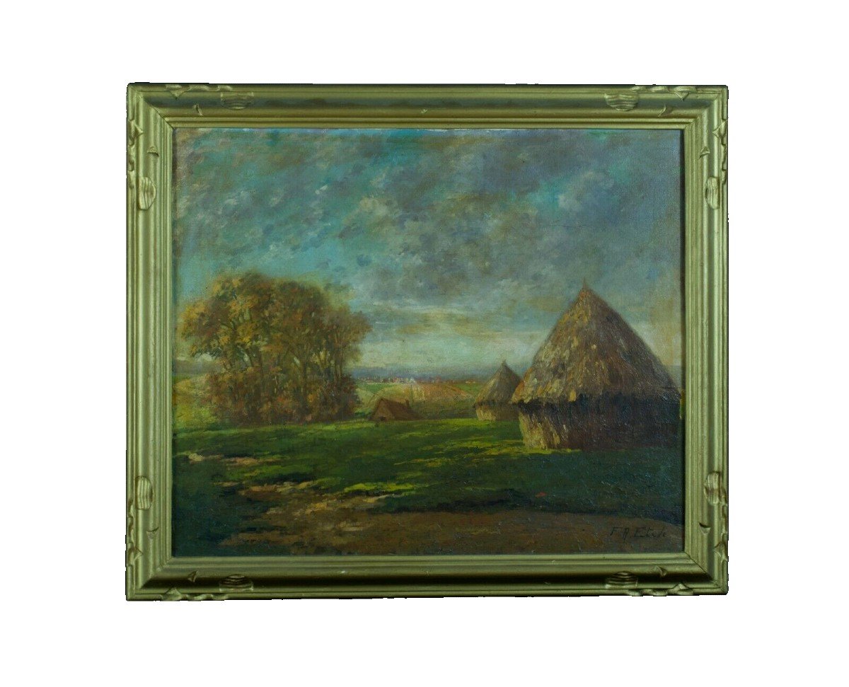 Félix Raoul Eteve Old Painting Landscape With Haystacks Haymaking Sky Hst Art Deco Frame -photo-7