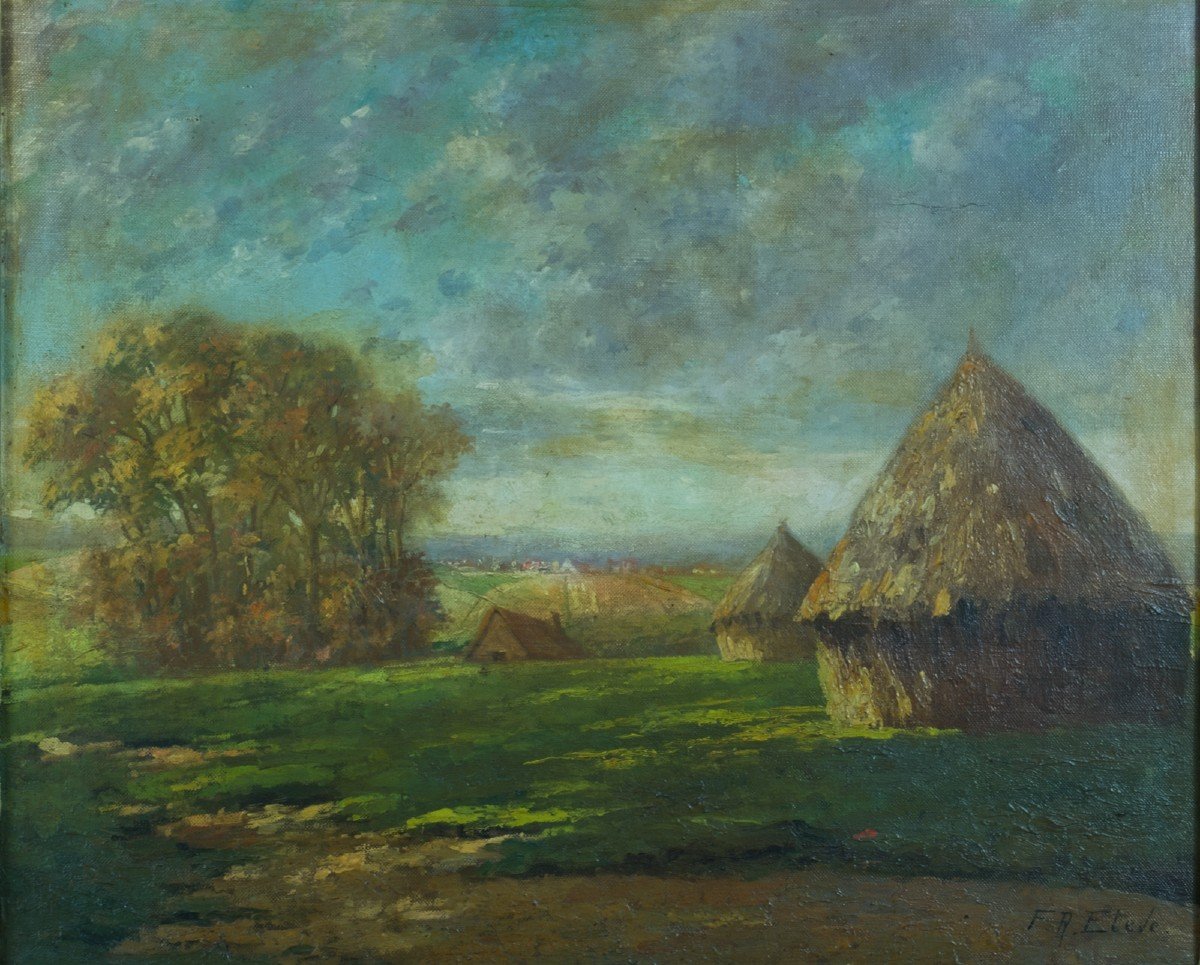 Félix Raoul Eteve Old Painting Landscape With Haystacks Haymaking Sky Hst Art Deco Frame 