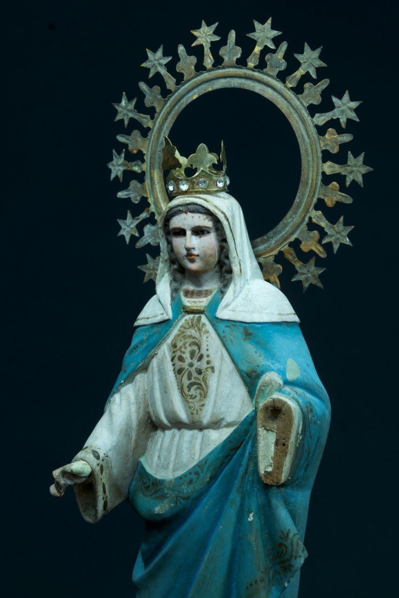 Ancienne Statue Religieuse Vierge Marie Couronne Yeux Sulfure Bois Sculpté 18ème-photo-5