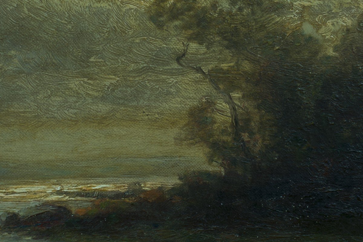 Hendrik Kruseman Van Elten  Tableau Ancien Paysage Animé Barque Rivage Aurore 19e Hollande -photo-1