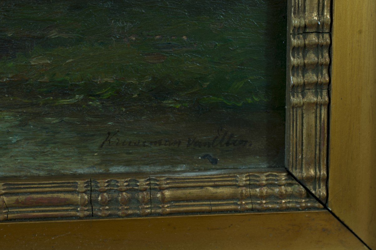 Hendrik Kruseman Van Elten  Tableau Ancien Paysage Animé Barque Rivage Aurore 19e Hollande -photo-4