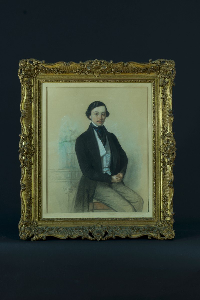 Gabriel Durand Tableau Ancien Portrait Romantique Homme Dandy Costume Pastel -photo-3