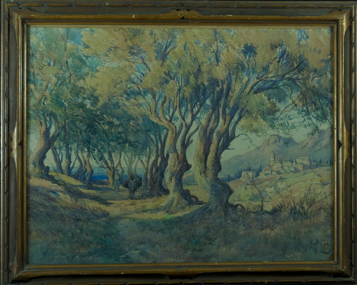 Emile Appay Tableau Ancien Grand Paysage Corse  âne Chemin Mer Village Aquarelle  84cm -photo-4