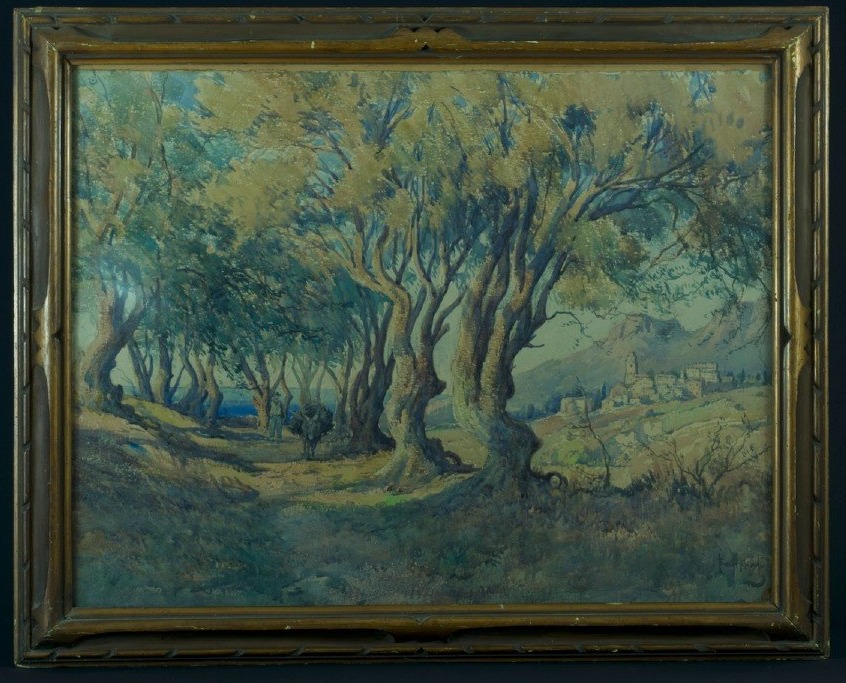 Emile Appay Tableau Ancien Grand Paysage Corse  âne Chemin Mer Village Aquarelle  84cm -photo-3