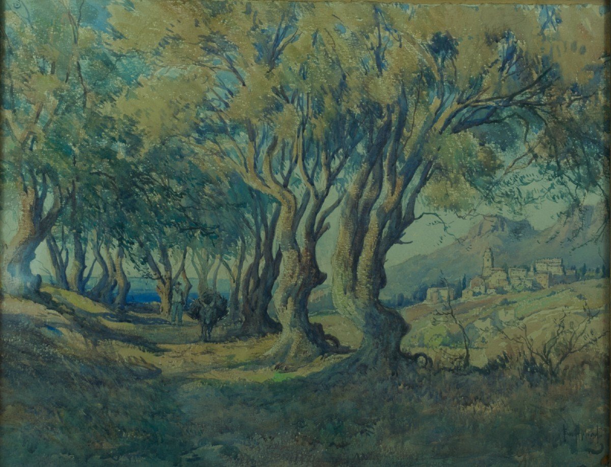Emile Appay Tableau Ancien Grand Paysage Corse  âne Chemin Mer Village Aquarelle  84cm -photo-1