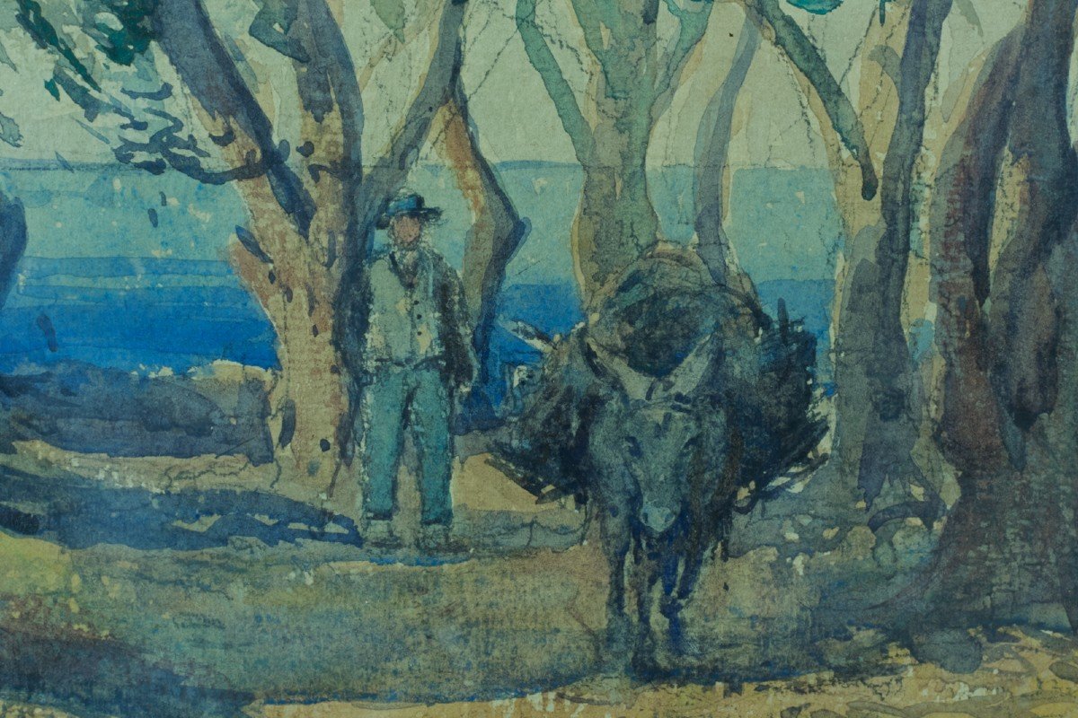 Emile Appay Tableau Ancien Grand Paysage Corse  âne Chemin Mer Village Aquarelle  84cm -photo-3