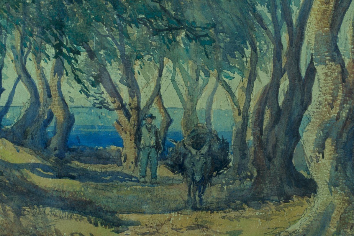 Emile Appay Tableau Ancien Grand Paysage Corse  âne Chemin Mer Village Aquarelle  84cm -photo-4