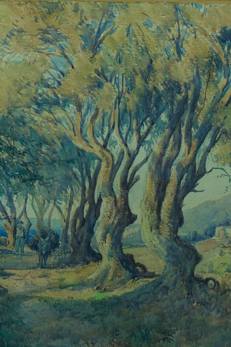 Emile Appay Tableau Ancien Grand Paysage Corse  âne Chemin Mer Village Aquarelle  84cm -photo-5