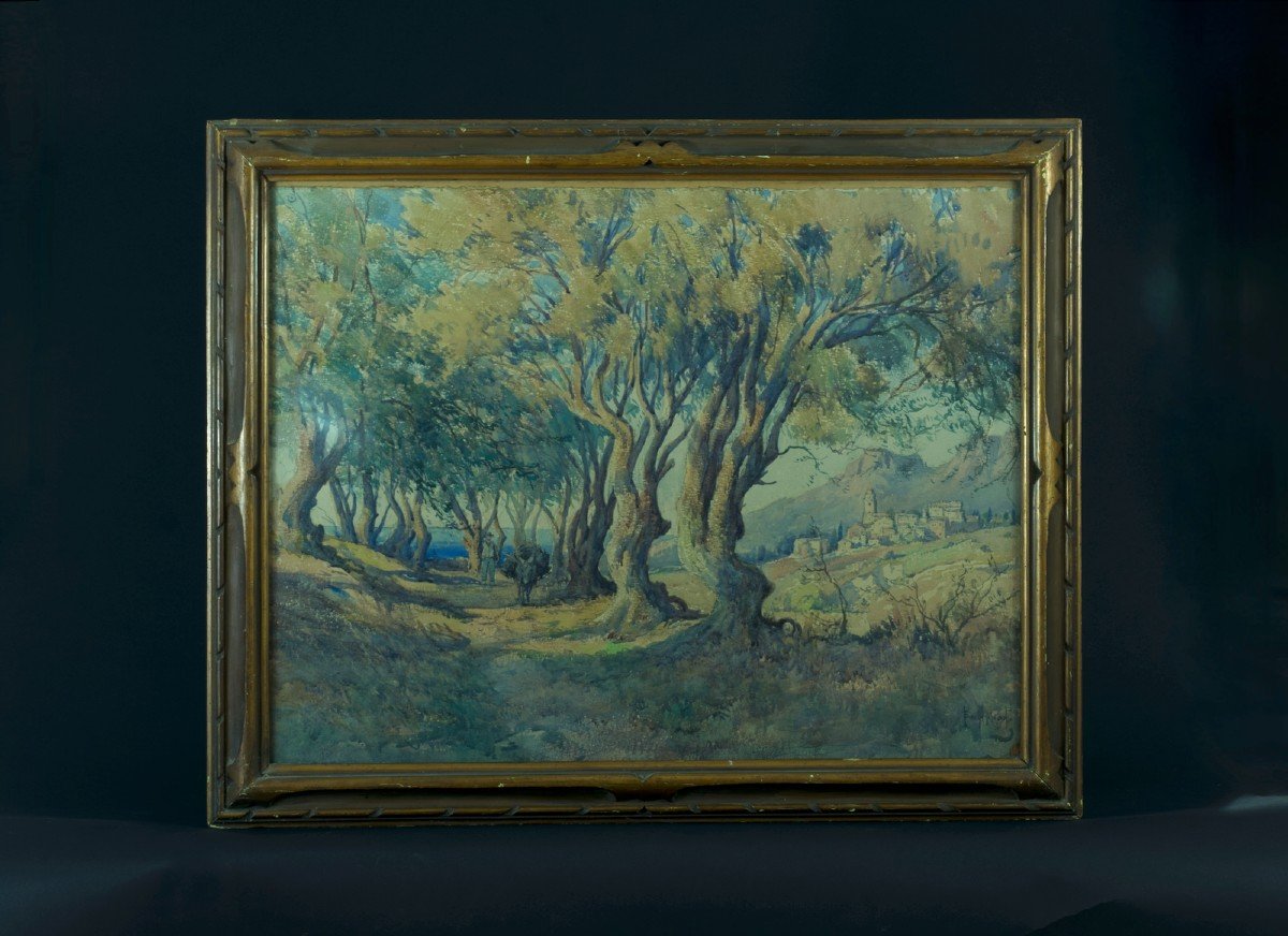 Emile Appay Tableau Ancien Grand Paysage Corse  âne Chemin Mer Village Aquarelle  84cm -photo-6