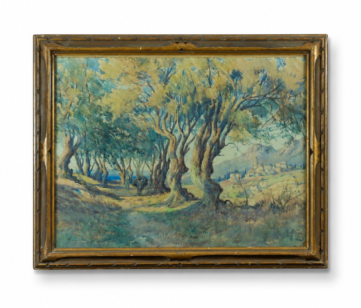 Emile Appay Tableau Ancien Grand Paysage Corse  âne Chemin Mer Village Aquarelle  84cm 
