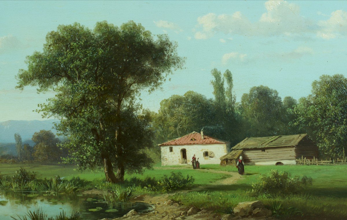 Alfred Godchaux  Tableau Ancien Paysage Animé Montagne Vallée Rivière Printemps-photo-1