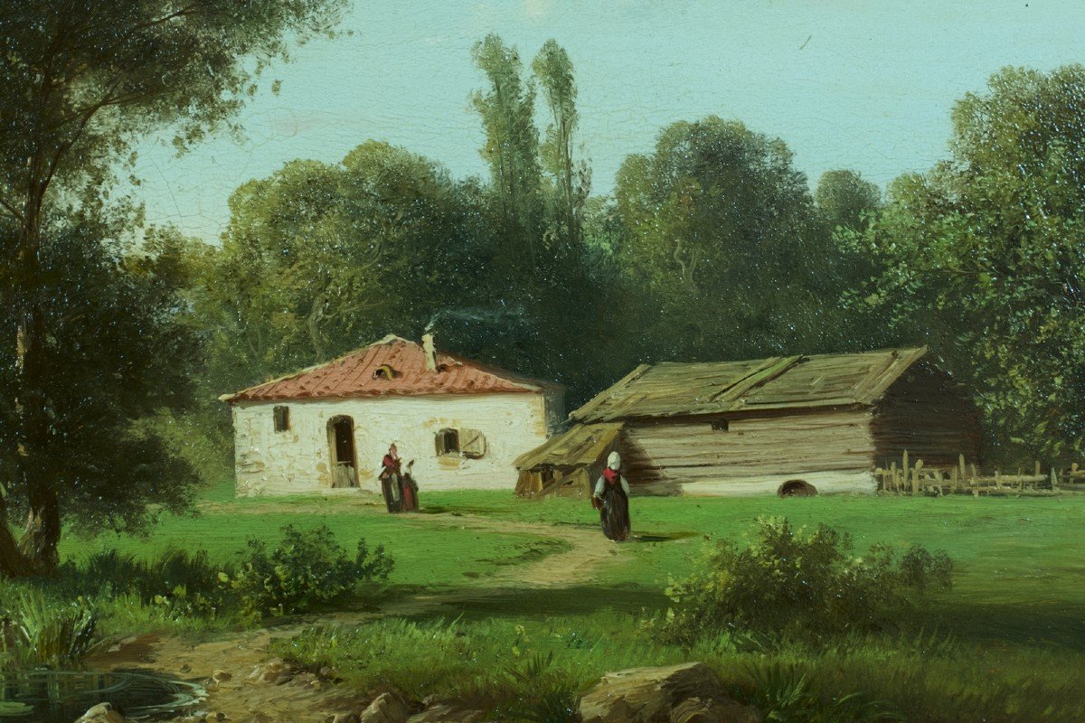 Alfred Godchaux  Tableau Ancien Paysage Animé Montagne Vallée Rivière Printemps-photo-2
